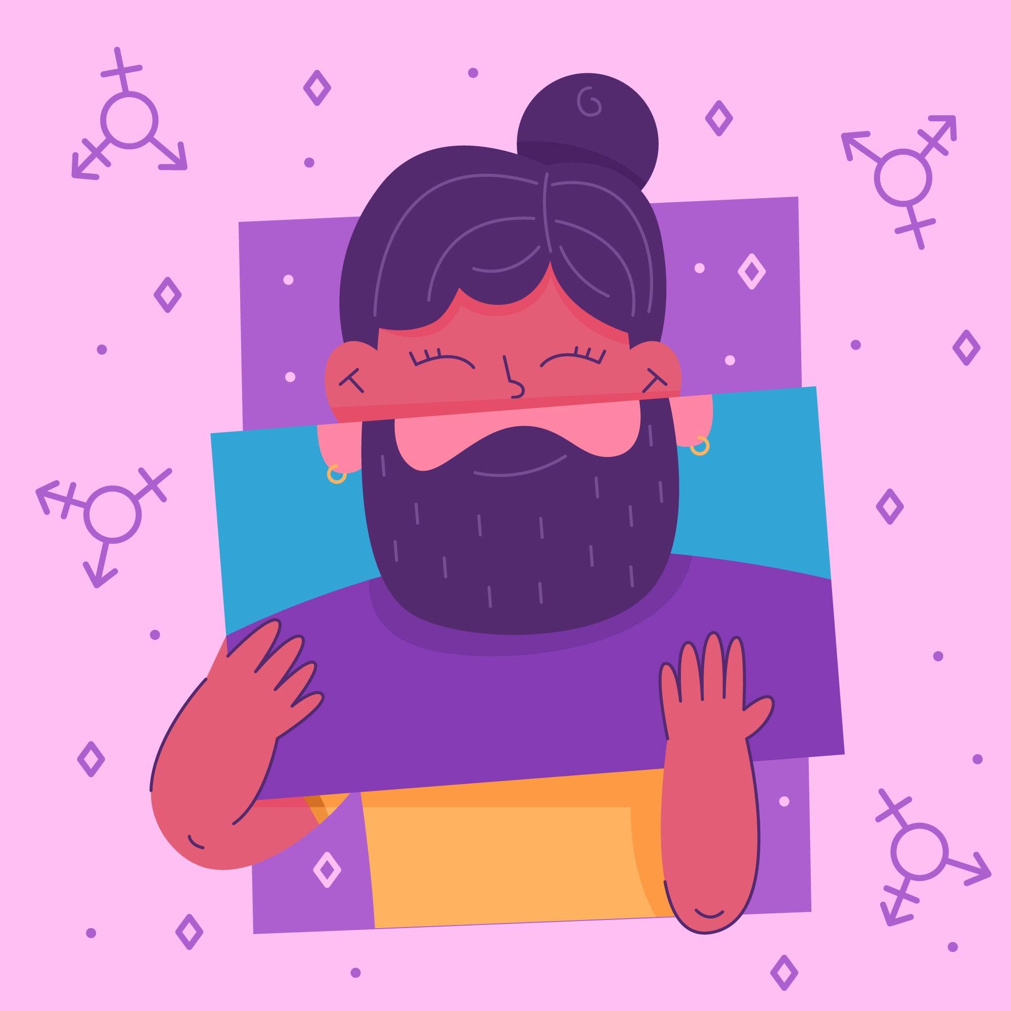 Ilustração de uma pessoa barbada de coque, sorrindo, cercada de símbolos de gênero