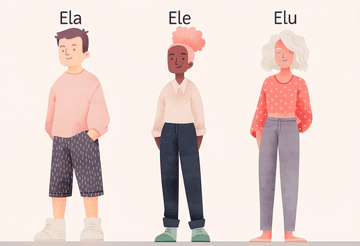 Ilustração de três pessoas rotuladas “Ela”, “Ele” e “Elu”
